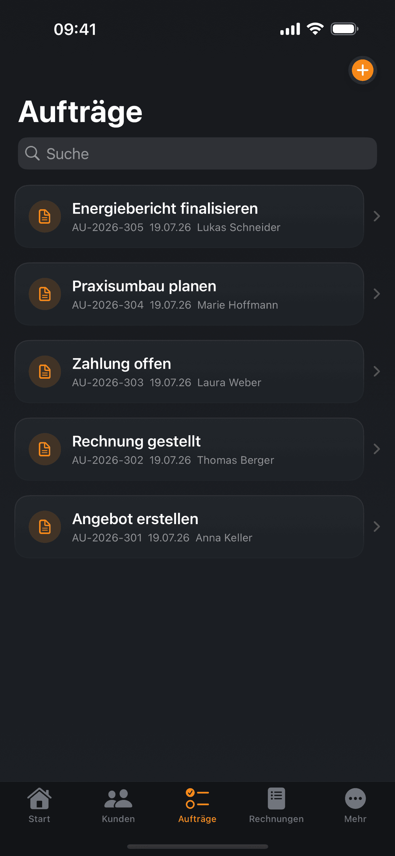 Aufträge mit Status von Neu bis Bezahlt