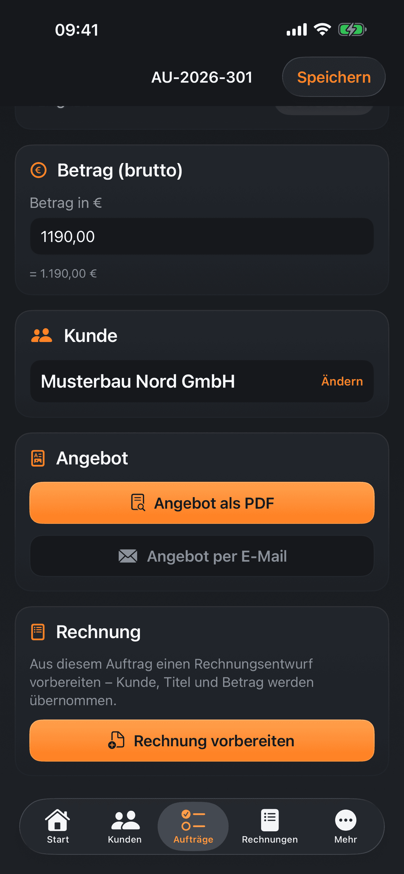 Auftrag mit Nummer: Angebot als PDF und Rechnung vorbereiten