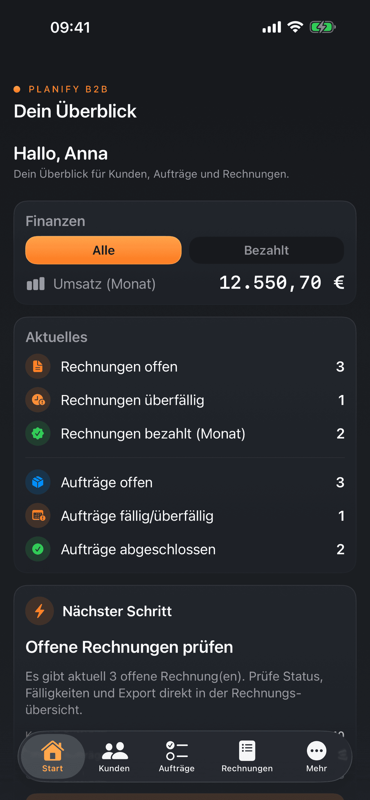 Start: Umsatz des Monats, offene und überfällige Rechnungen, Aufträge, nächster Schritt