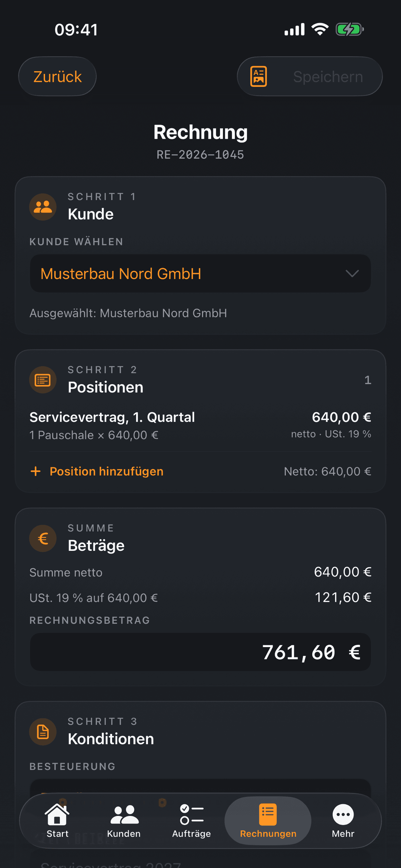 Rechnung schreiben: Kunde, Positionen, Summen
