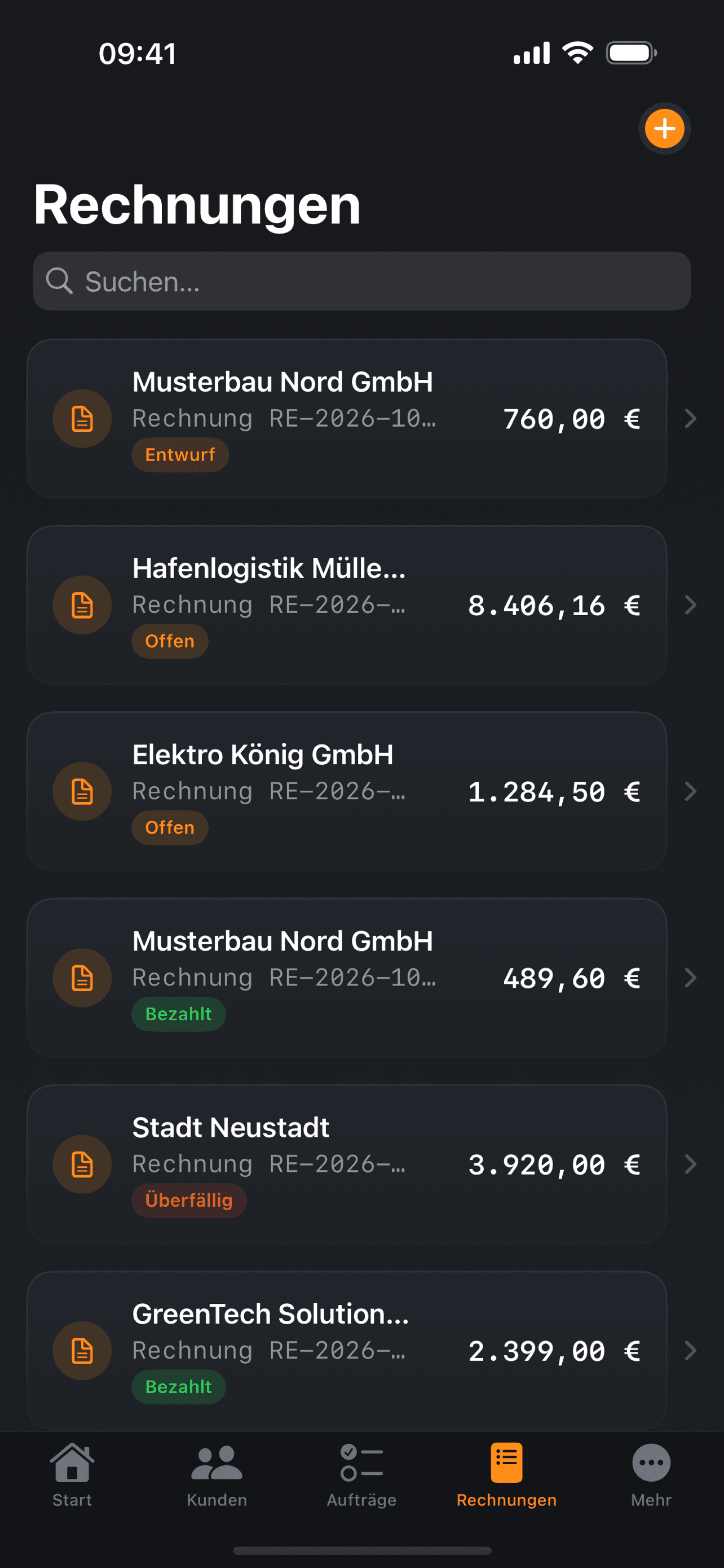 Rechnungen mit Status Entwurf, offen, überfällig, bezahlt