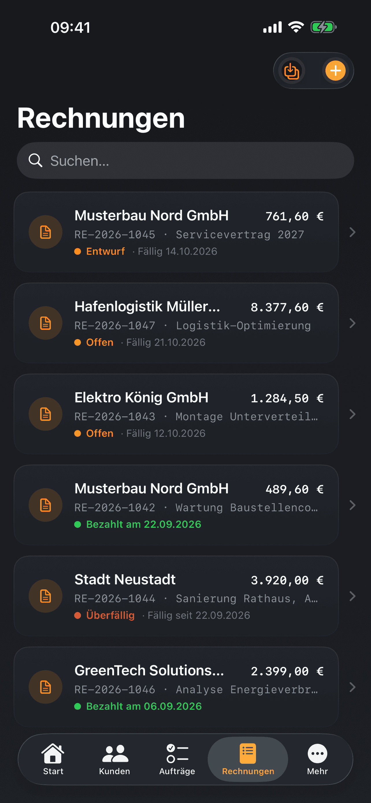 Rechnungen mit Status, Fälligkeit und Betrag