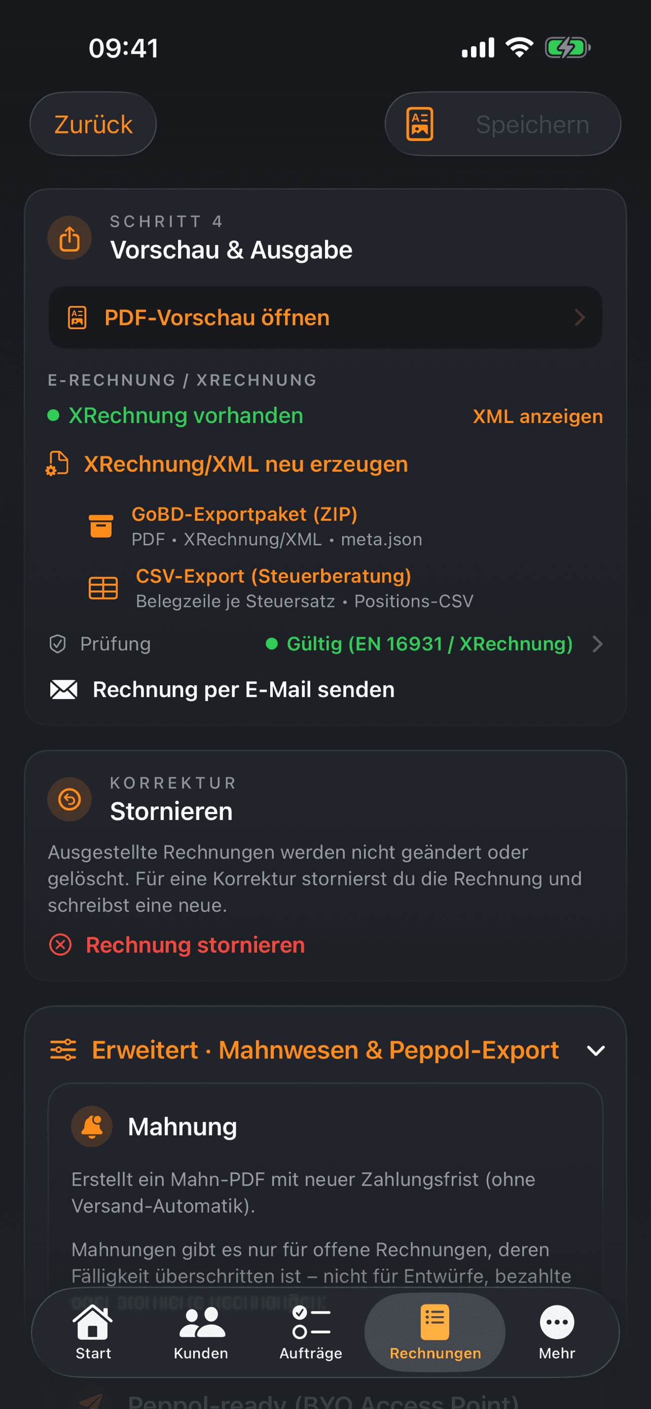 PDF-Vorschau, XRechnung mit Prüfergebnis, Export und Stornieren
